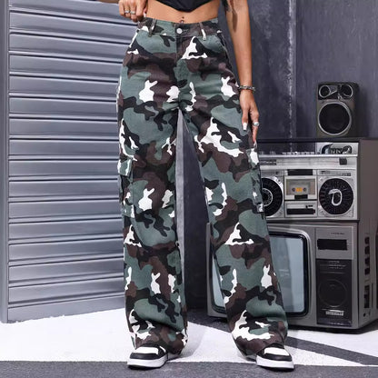 Retro Camouflage Workwear Jeans Women Summer Fried Street Sweet Cool Loose Straight Drooping Wide Leg Casual Pants