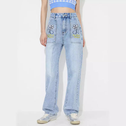 Pantalon en denim taille haute ample brodé droit pour femme