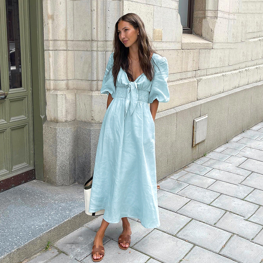 Summer French Elegant Dress Sexy Low Cut V neck Puff Sleeve High Waist Cotton Linen Dress