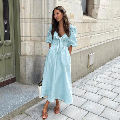 Robe française d'été élégante, Sexy, coupe basse, col en V, manches bouffantes, taille haute, en coton et en lin