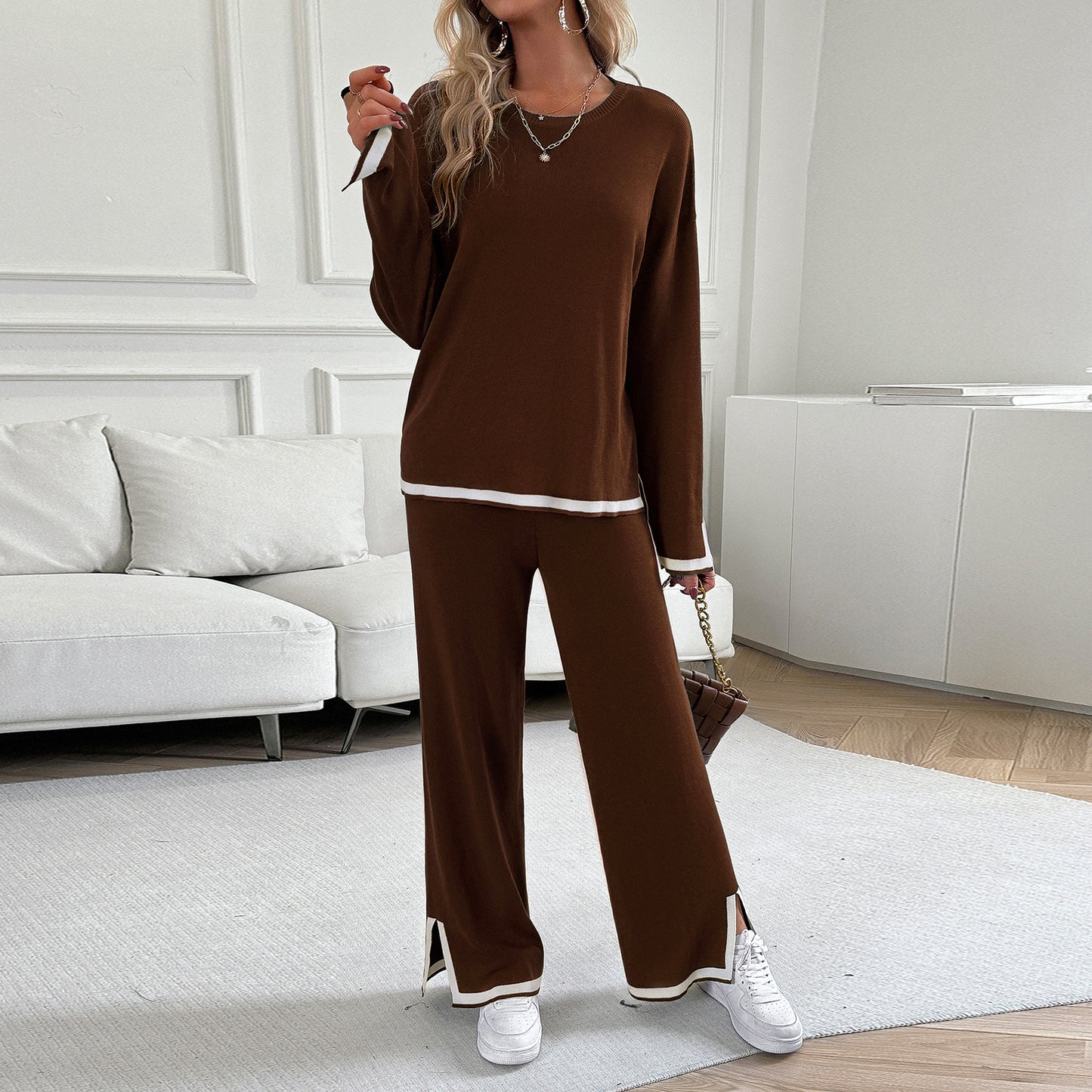 Women Clothing Suit Casual Solid Color Knitted Long Sleeve Suit Suit