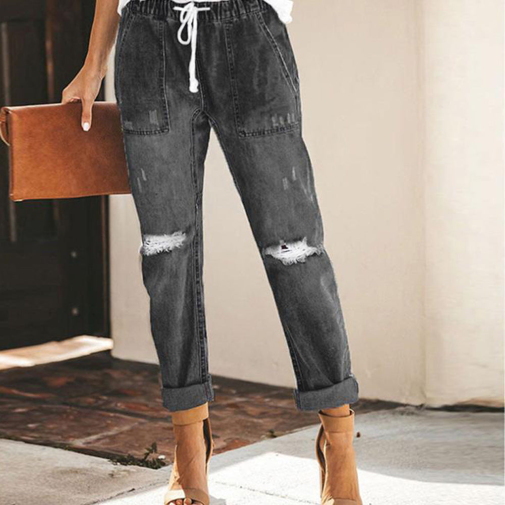 Autumn Wish Drawstring Elastic Waist Ripped Denim Pants Casual Pants For Women