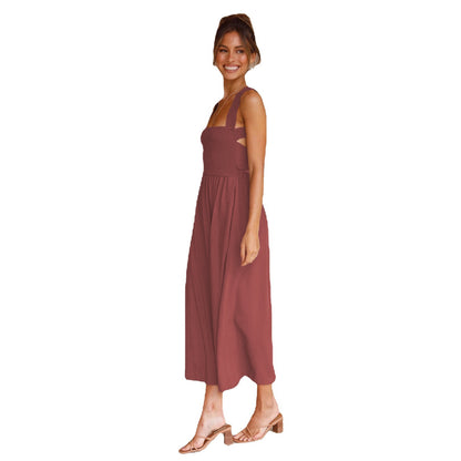 Women's Fashionable Elegant Cotton And Linen Off-neck Sling Dress