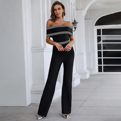 Spring Summer Jumpsuit Advanced Women Clothing Black Off The Neck Printed Clothing