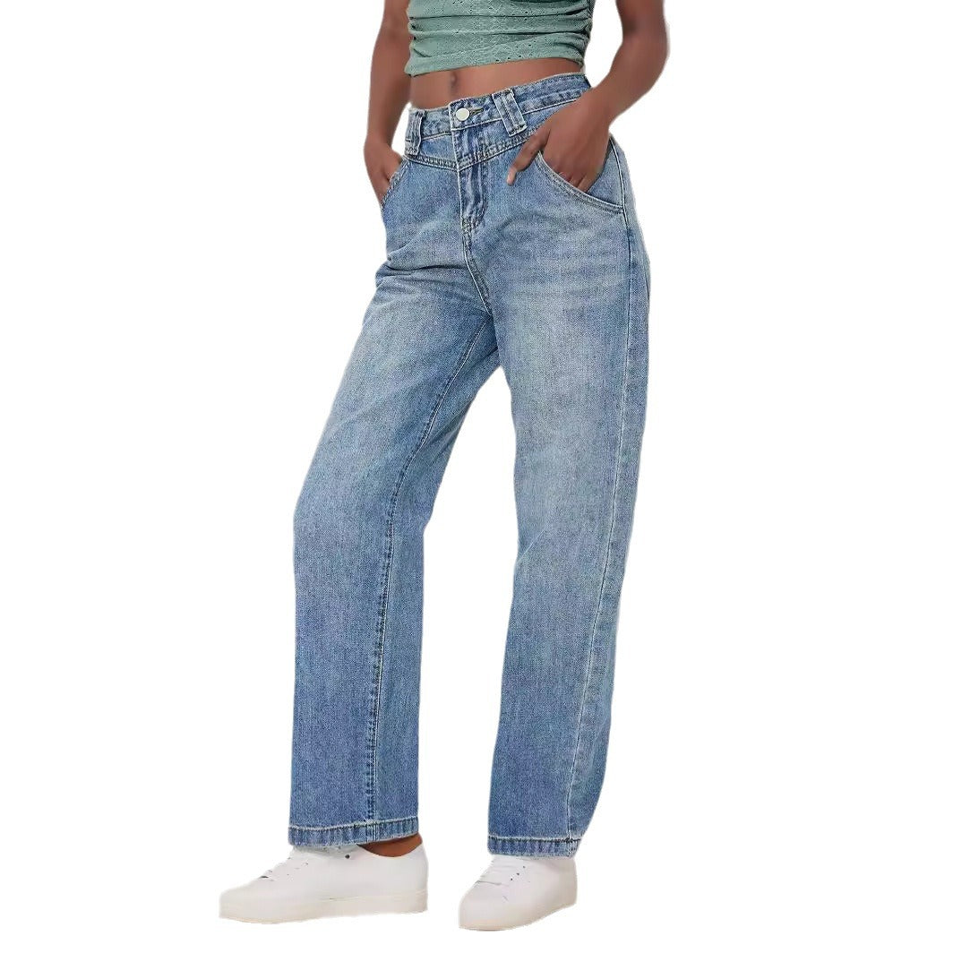 Design Draping Vintage Jeans Women High Waist Loose Wide Leg Pants Slim Straight Trousers