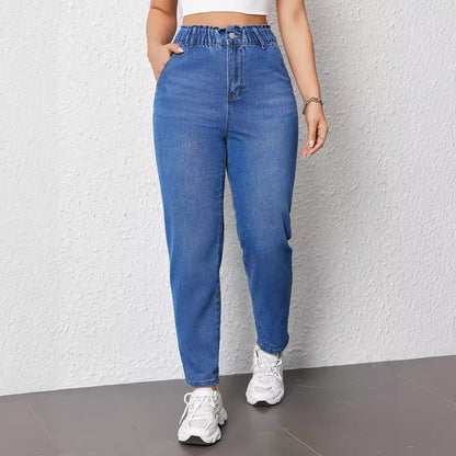 Women Elastic Straight Jeans Popular Casual Slimming Blue Color Trousers Spring Summer