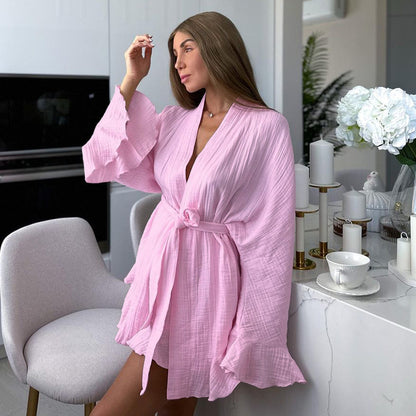 Women's Fashion Casual Cotton Crepe Long Sleeve Shorts Suit