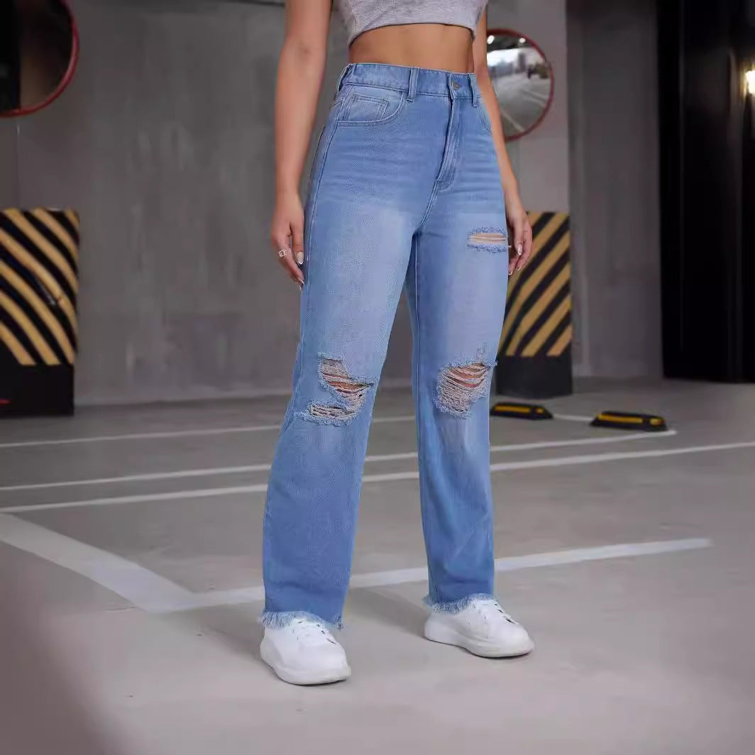 Jeans longs taille haute pour femmes, pantalons déchirés, confortables, jambes droites