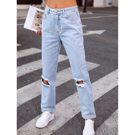 Pantalon en Denim droit déchiré pour femmes, vêtements tendance, taille haute, jambes larges, ample