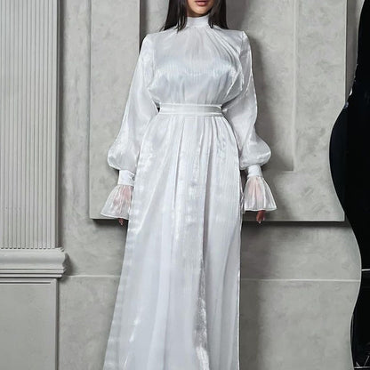 Robe longue en soie brillante, col mi-haut, manches longues, taille haute, à lacets, pour femmes