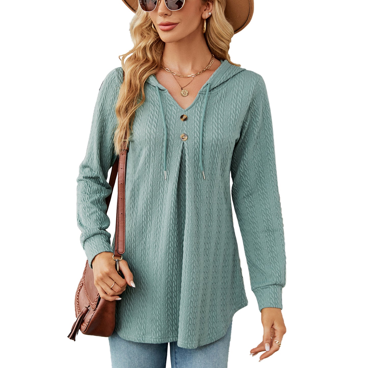 Autumn Winter V neck Loose Long Sleeve Hooded Sweaters Women Clothing Coat Women