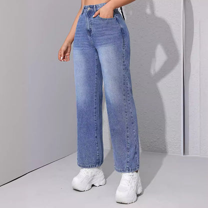 Ladies Straight Jeans Spring Summer High Waist Loose All Matching Slimming Stitching Straight Leg Pants