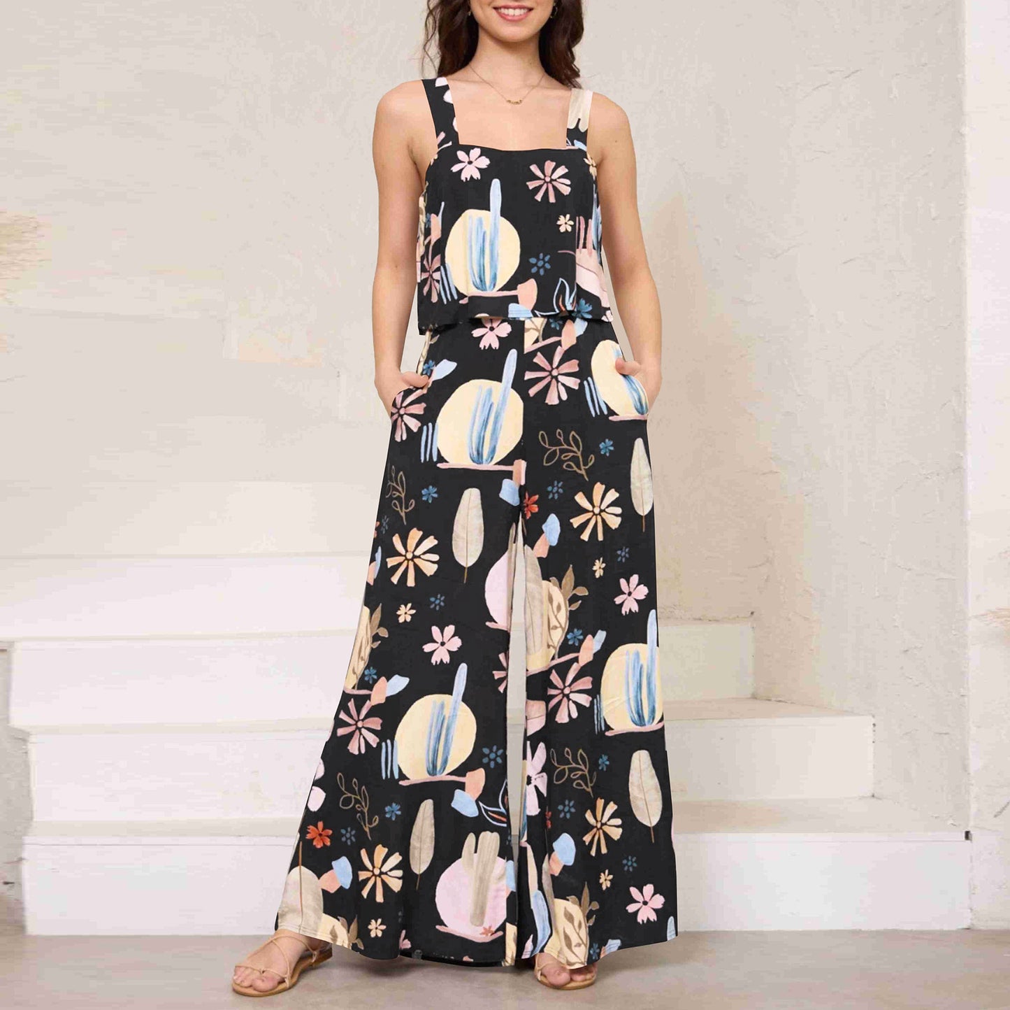 Casual Spaghetti Strap Floral Print Wide Leg Jumpsuit Trousers Summer Women Clothing