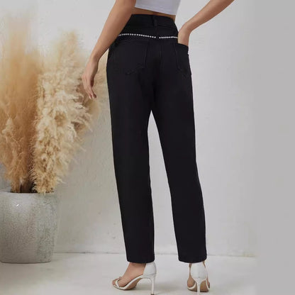 Women Narrow Pearl Straight Leg Pants High Waist Loose Slimming All Match Office Casual Jeans