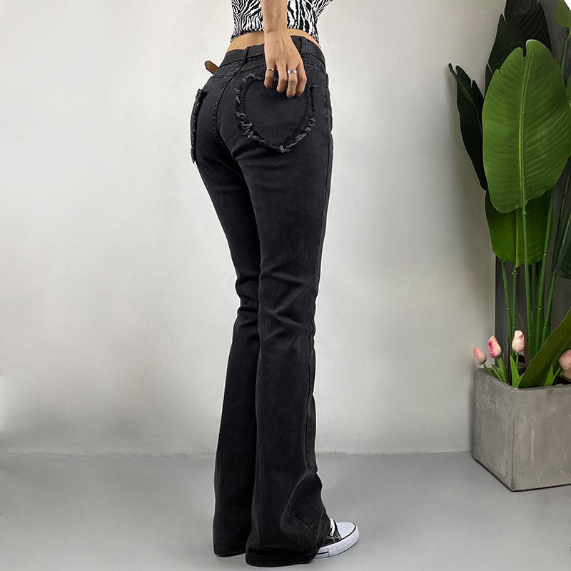 Doux Sexy coupe ajustée hanche levage amour poche cloche bas pantalon rétro taille haute Stretch jean pantalon