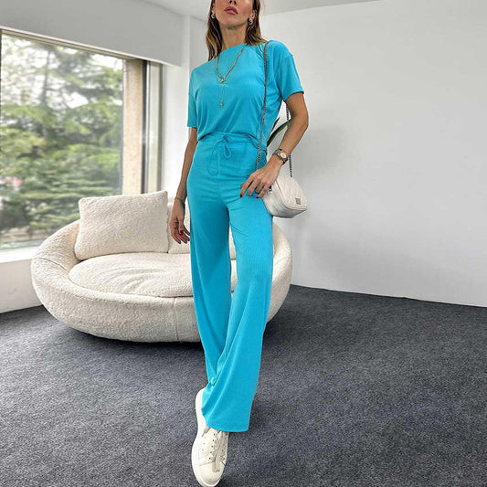Women's Fashion Casual Short-sleeved Round Neck T-shirt And Trousers Two-piece Set