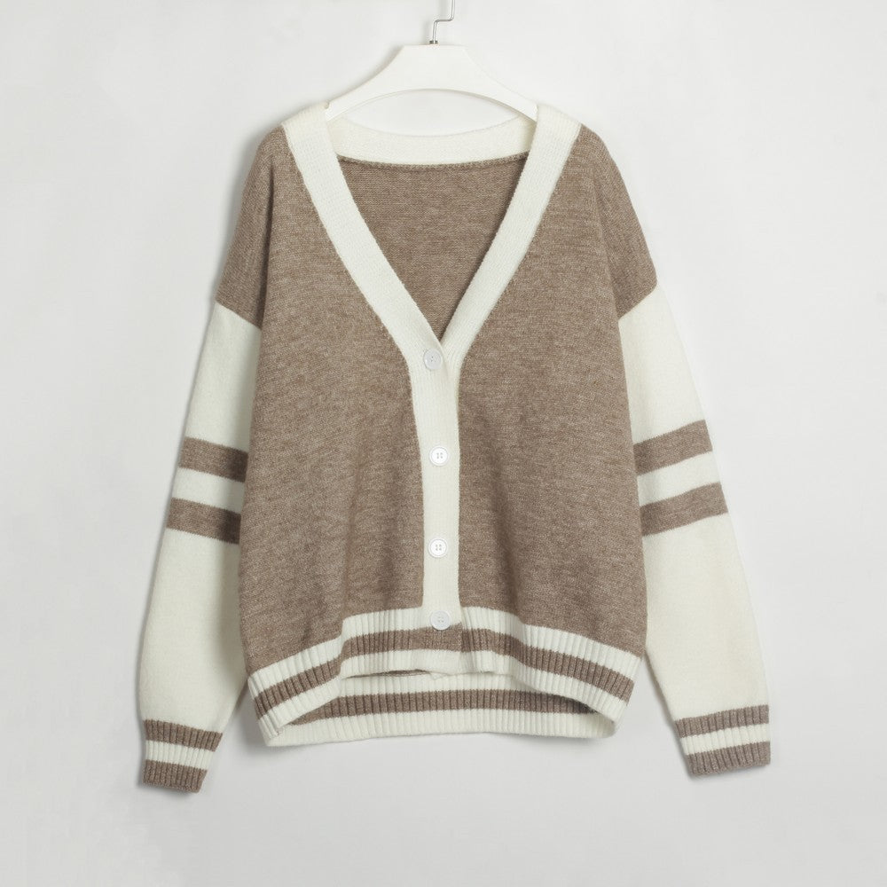 Autumn Winter Contrast Color Cardigan Sweater Street Loose Wildberries Knitted Sweater Women