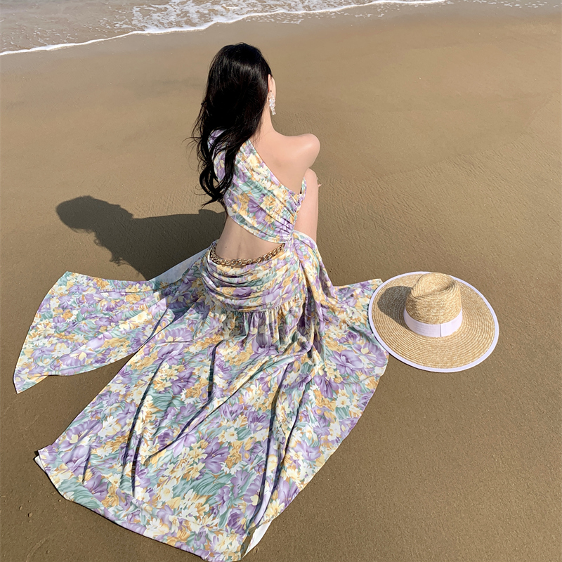 Xishuangbanna Dai Dress Holiday Oblique Shoulder Long Sleeve Sexy Floral Skirt Socialite Irregular Swing Dress