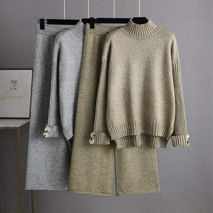 Autumn Winter Knitting Suit Women Trendy Semi-High Collar Sweater Thickened Outer Wear Loose two piece set