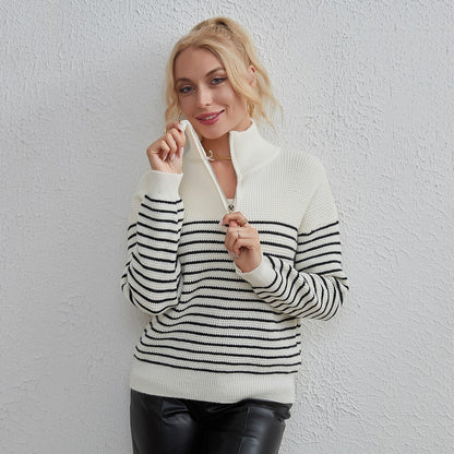 Gestreifter Reißverschluss Damen Herbst Winter Anmutiger lässiger weicher klebriger Langarmpullover