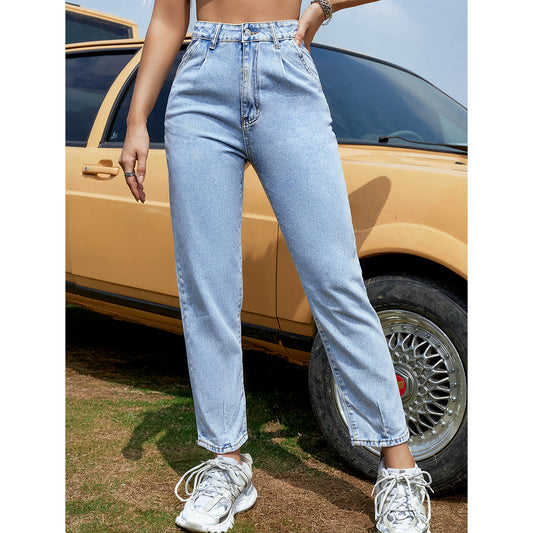 Women Clothing High Waist Straight Loose All-Match Skinny Denim Trousers