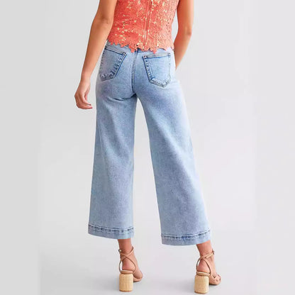 Stretch-Jeans für Damen im Büro, modische Hose mit weitem Bein, verwaschene Stretch-Crop-Jeans