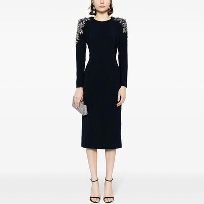 Autumn Winter Star Heavy Industry Beads Diamond Embedded Long Sleeve Mid Length Dress