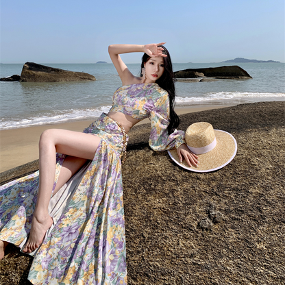 Xishuangbanna Dai Dress Holiday Oblique Shoulder Long Sleeve Sexy Floral Skirt Socialite Irregular Swing Dress