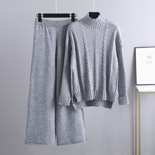 High-End-Rollkragenpullover mit weitem Bein und Hose, Anzug für Frauen, Herbst und Winter, jüngere Strick-Zweiteiler