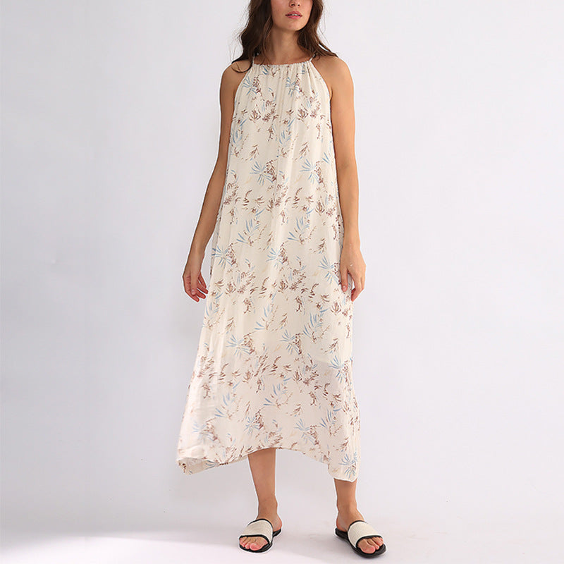 Robe en coton et lin, épaules dénudées, col licou, Niche ample française, mi-longue, robe Camisole en pur lin et coton