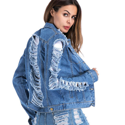 Manteau en jean à gros trous pour femme