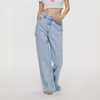 Women Clothing Straight Loose High Waist Denim Trousers