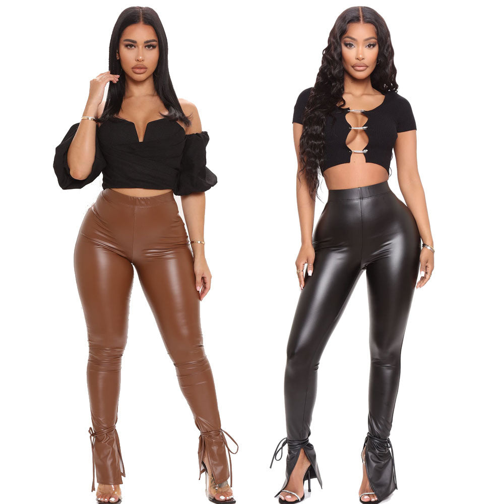 Women Clothing Autumn Tight High Elastic Bandage Slightly Flared Side Slit Faux Leather Trousers