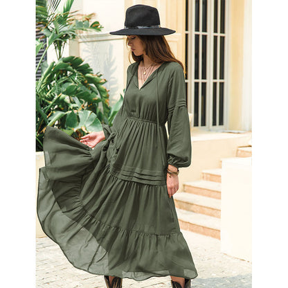 Bohemian Batch V-neck Long Sleeve Chiffon High Waist Slimming Dress Women Vacation