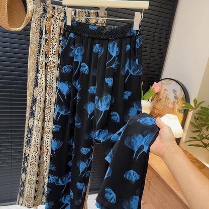 Ethnisch blau bedruckte Hose mit weitem Bein für Damen, Sommerhose mit hoher Taille und Schlankheitshose, lockere, passende Freizeithose