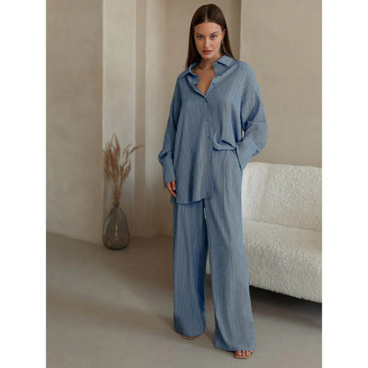 Autumn Winter Popular Casual Pleated Shirt-Style Wide-Leg Pants Suit