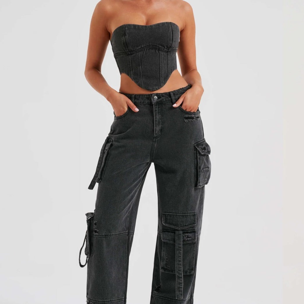 Sexy Figur schmeichelnde Hose mit geradem Bein für Damen, Multi-Pocket-Flip-Tooling-Jeans