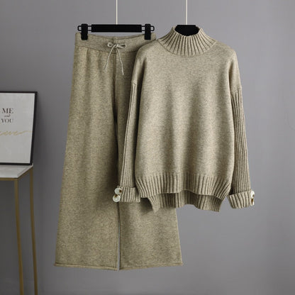 Autumn Winter Knitting Suit Women Trendy Semi-High Collar Sweater Thickened Outer Wear Loose two piece set