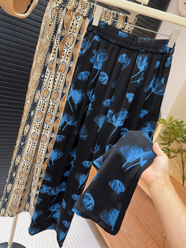 Ethnisch blau bedruckte Hose mit weitem Bein für Damen, Sommerhose mit hoher Taille und Schlankheitshose, lockere, passende Freizeithose