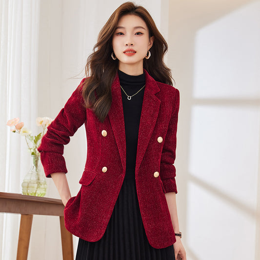 Manteau de costume à manches longues rouge vin pour femme