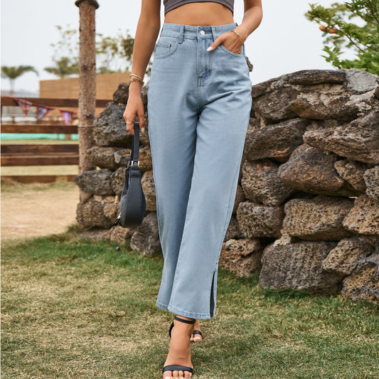 Washed Split Online Influencer Raffinierte Mid Waist Denim Hose Freizeithose Damen