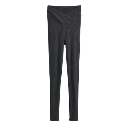 V-Taille Elastische Slim Fit Gestrickte Knöchel Enge Hose Frauen Herbst Winter Vertikale Versunkene Streifen Abnehmen Bleistift Hose