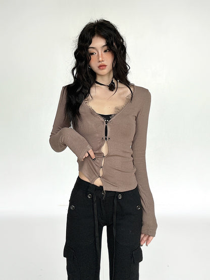 American Retro Sexy V-neck Long-Sleeved T-shirt Women's Lace Patchwork Knitting Cardigan Slim Fit Slim Looking Inner Bottoming Top