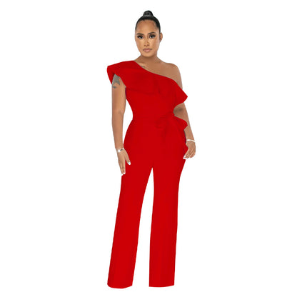 Women Clothing Solid Color Ruffles Jumpsuit Containing Belt