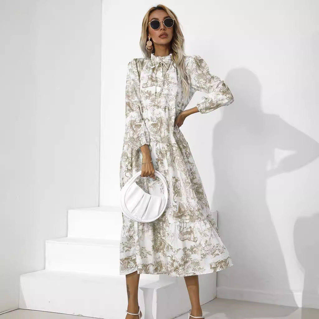 Round Neck Printed Loose Ninth-sleeve Dress