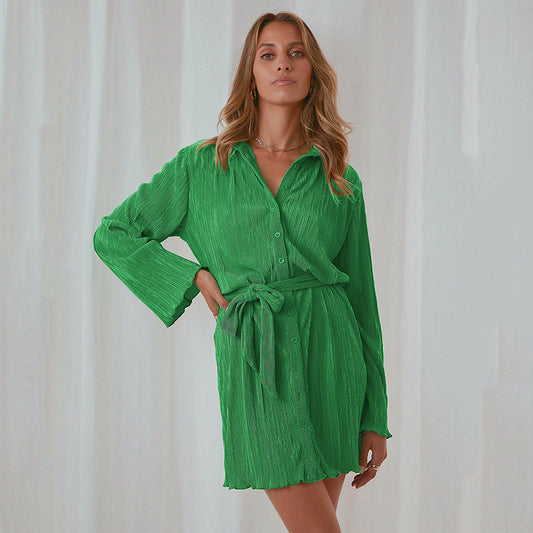 Printemps été vert cure-dent plissé conception chemise robe femmes vêtements robe