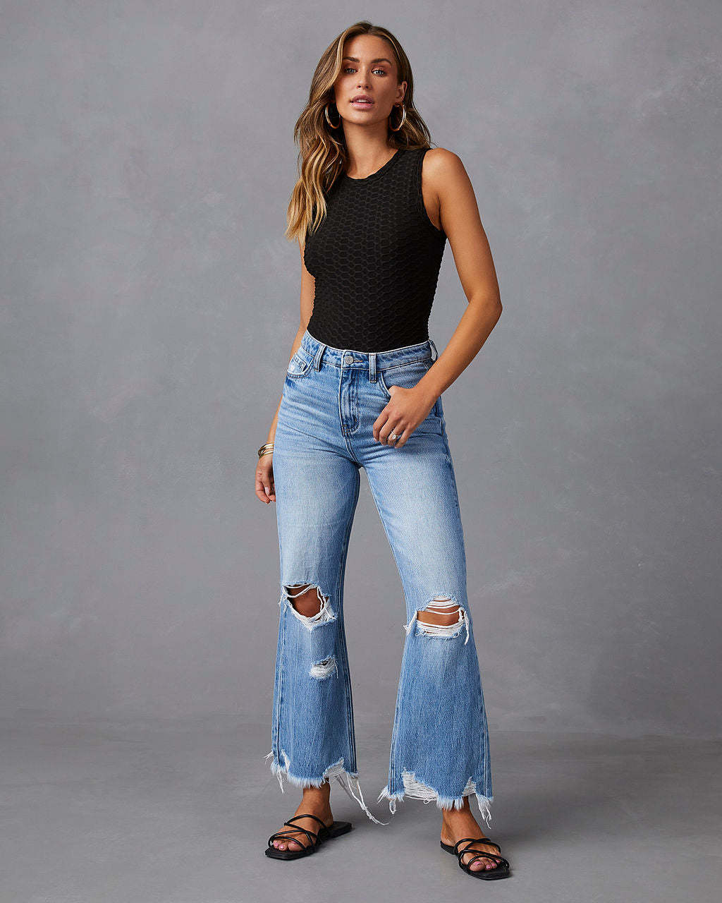 Gland lavé à l'eau trou jean femme Long décontracté taille moyenne haute pantalon large pantalon