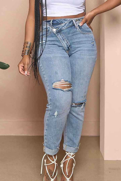 Jean délavé déchiré pour femme, coupe slim, pantalon design