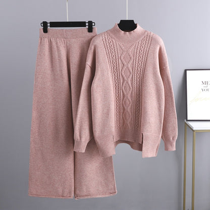 Herbst Winter Abnehmen Strickanzug Frauen Verdickt Lose Rollkragen Pullover Breite Bein Hosen Zwei Stück Anzug