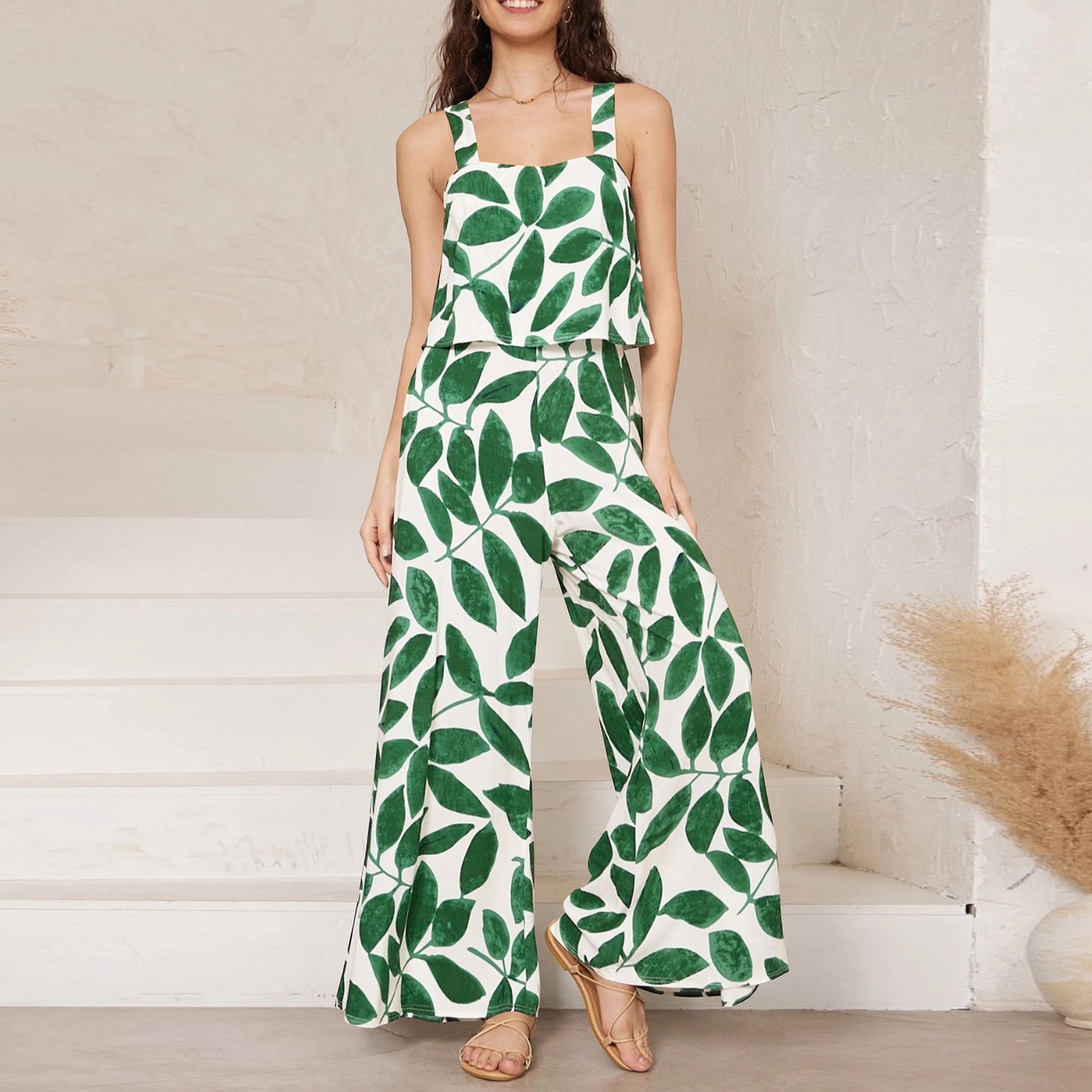 Casual Spaghetti Strap Floral Print Wide Leg Jumpsuit Trousers Summer Women Clothing